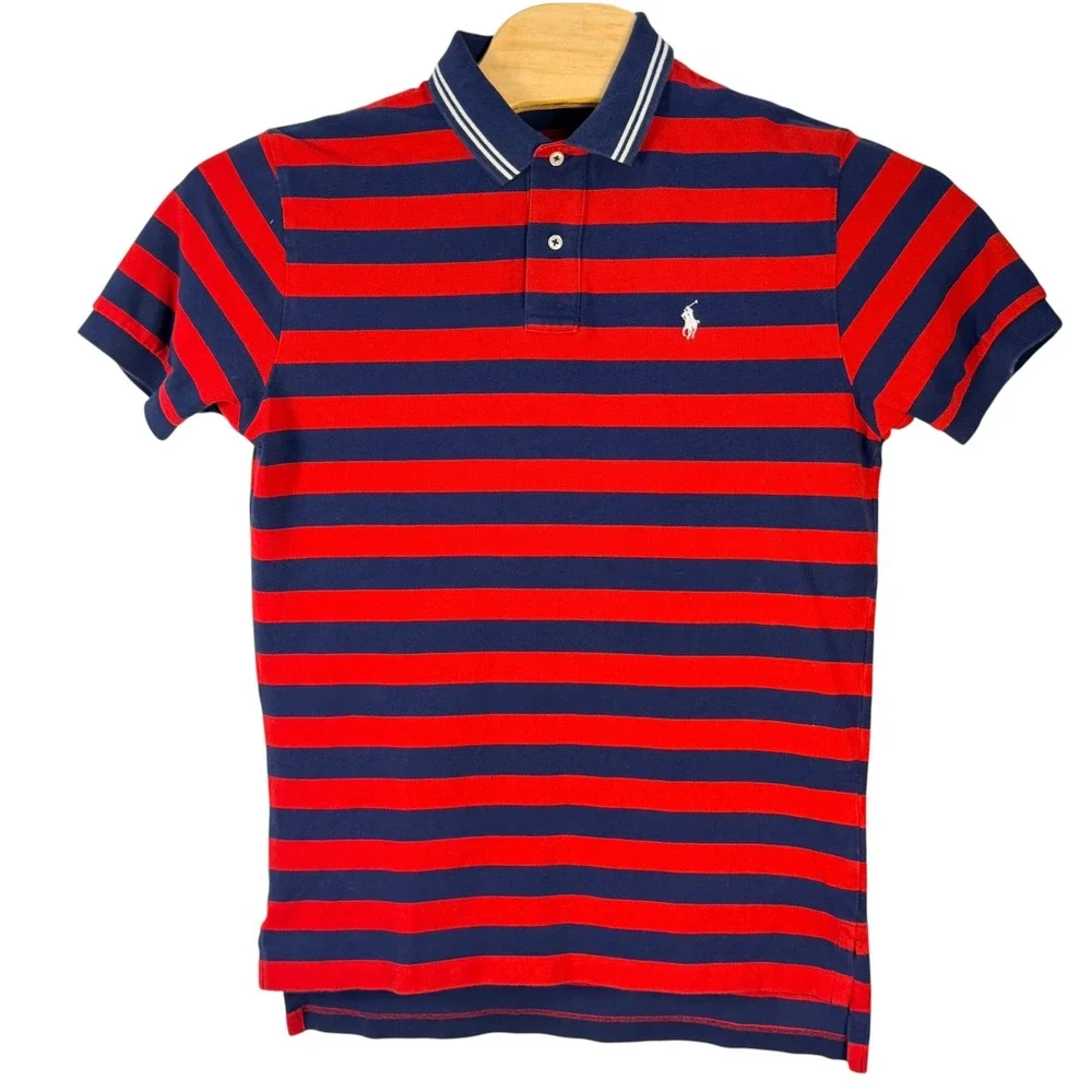 Vintage Polo Ralph Lauren Polo Shirt Mens M Red Blue Striped Cotton Short Sleeve
